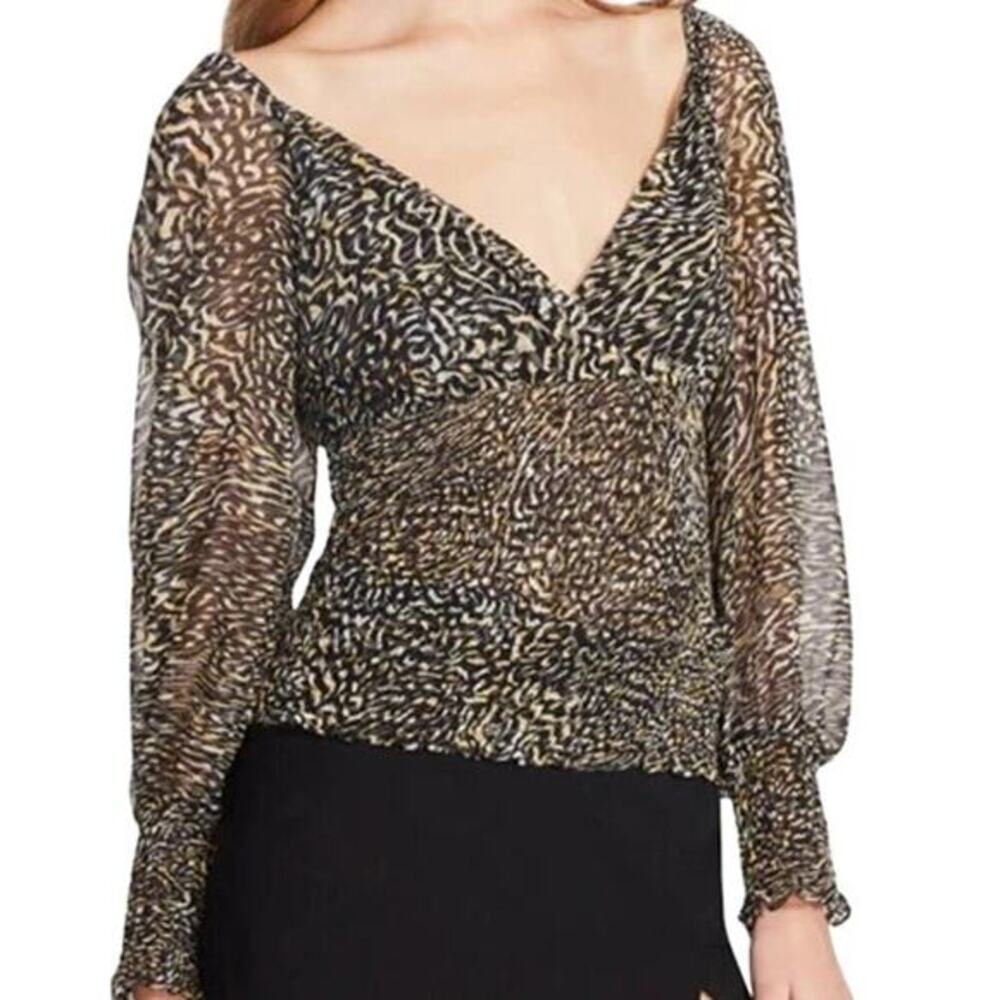 Steve Madden‎ Shannon Chiffon Smocked Blouse Long Sleeve Black Womens Size M NWT